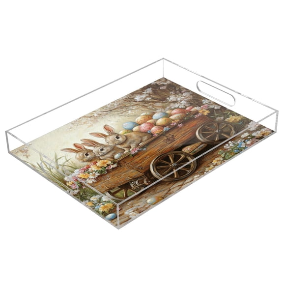 Acrylic Tray 15.7*11.8*1.9 Inch Transparent Tray Food Tray Tea Cup Tray Serving Trays Cosmetics Storage Kitchen Table Bathroom Sundry Storage Three Easter Bunnies