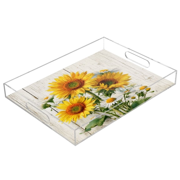 Acrylic Tray 15.7*11.8*1.9 Inch Transparent Tray Food Tray Tea Cup Tray Serving Trays Cosmetics Storage Kitchen Table Bathroom Sundry Storage Three Sunflowers
