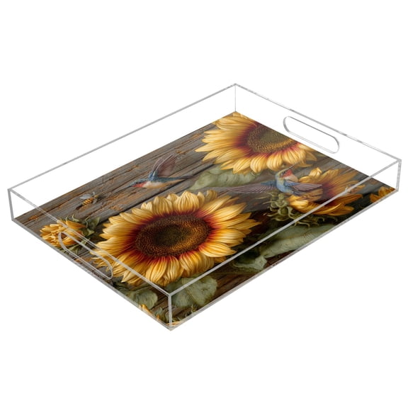 Acrylic Tray 15.7*11.8*1.9 Inch Transparent Tray Food Tray Tea Cup Tray Serving Trays Cosmetics Storage Kitchen Table Bathroom Sundry Storage Three Sunflowers Pattern