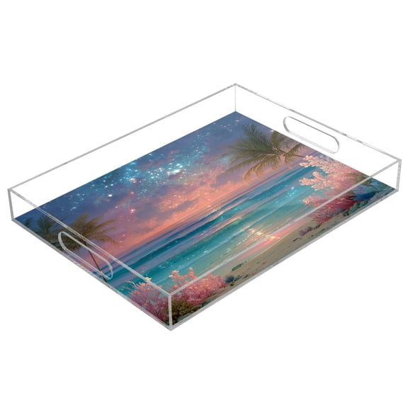 Acrylic Tray 15.7*11.8*1.9 Inch Transparent Tray Food Tray Tea Cup Tray Serving Trays Cosmetics Storage Kitchen Table Bathroom Sundry Storage Tropical Beach Sunset