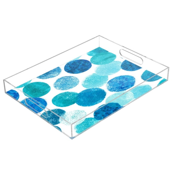 Acrylic Tray 15.7*11.8*1.9 Inch Transparent Tray Food Tray Tea Cup Tray Serving Trays Cosmetics Storage Kitchen Table Bathroom Sundry Storage Turquoise Brush Watercolor Dots