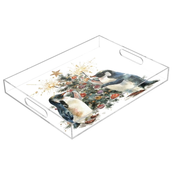 Acrylic Tray 15.7*11.8*1.9 Inch Transparent Tray Food Tray Tea Cup Tray Serving Trays Cosmetics Storage Kitchen Table Bathroom Sundry Storage Two Christmas Penguins