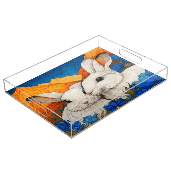 Acrylic Tray 15.7*11.8*1.9 Inch Transparent Tray Food Tray Tea Cup Tray Serving Trays Cosmetics Storage Kitchen Table Bathroom Sundry Storage Two Little Rabbits