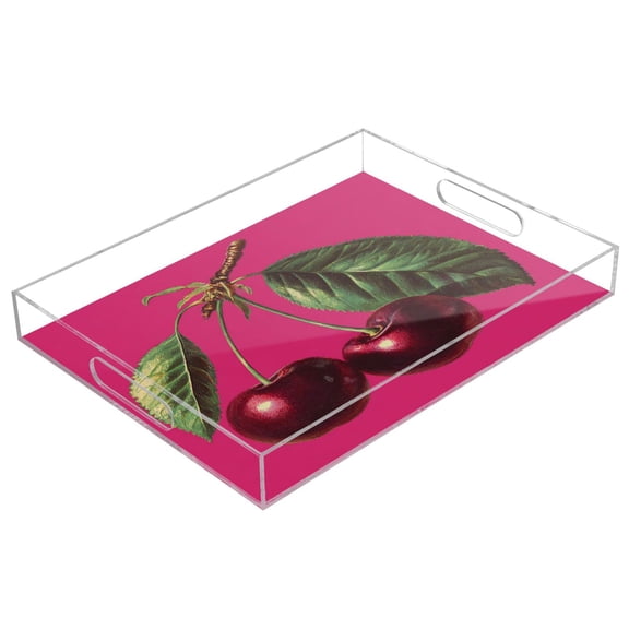 Acrylic Tray 15.7*11.8*1.9 Inch Transparent Tray Food Tray Tea Cup Tray Serving Trays Cosmetics Storage Kitchen Table Bathroom Sundry Storage Two Red Cherries
