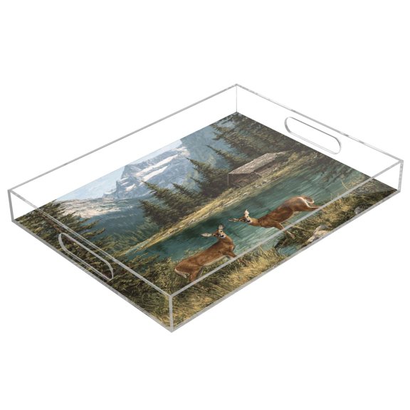 Acrylic Tray 15.7*11.8*1.9 Inch Transparent Tray Food Tray Tea Cup Tray Serving Trays Cosmetics Storage Kitchen Table Bathroom Sundry Storage Two White Tailed Deer