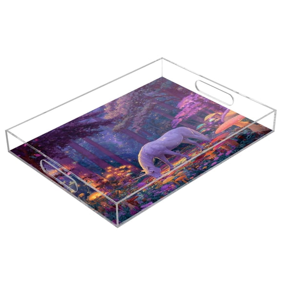 Acrylic Tray 15.7*11.8*1.9 Inch Transparent Tray Food Tray Tea Cup Tray Serving Trays Cosmetics Storage Kitchen Table Bathroom Sundry Storage Unicorn Grazing Enchanted Clearing