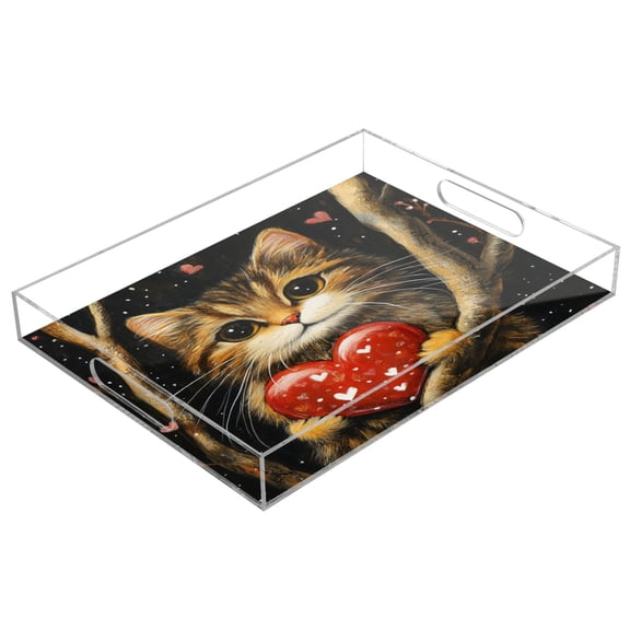 Acrylic Tray 15.7*11.8*1.9 Inch Transparent Tray Food Tray Tea Cup Tray Serving Trays Cosmetics Storage Kitchen Table Bathroom Sundry Storage Valentine's Day Love Cat