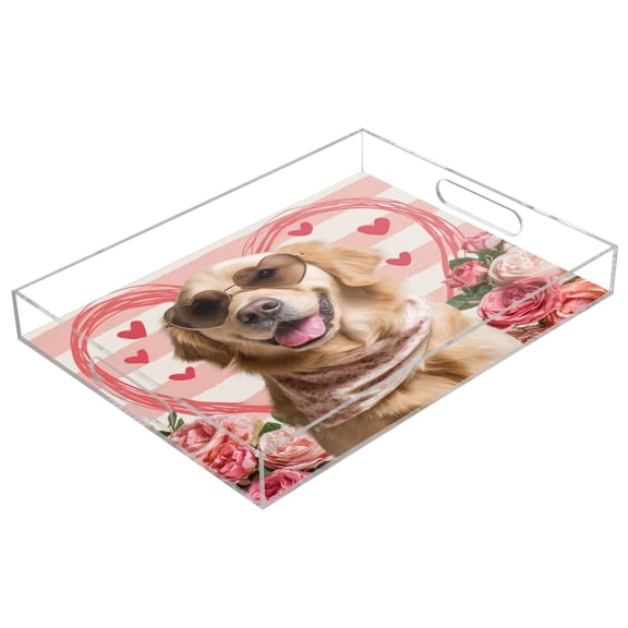 Acrylic Tray 15.7*11.8*1.9 Inch Transparent Tray Food Tray Tea Cup Tray Serving Trays Cosmetics Storage Kitchen Table Bathroom Sundry Storage Valentine's Day Dog Love