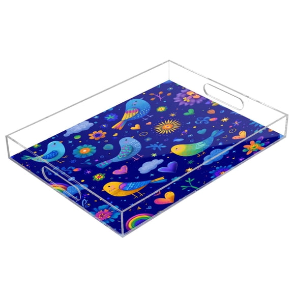 Acrylic Tray 15.7*11.8*1.9 Inch Transparent Tray Food Tray Tea Cup Tray Serving Trays Cosmetics Storage Kitchen Table Bathroom Sundry Storage Vibrant Bird Flight Pattern
