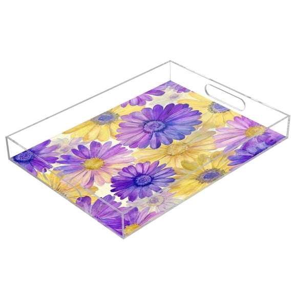 Acrylic Tray 15.7*11.8*1.9 Inch Transparent Tray Food Tray Tea Cup Tray Serving Trays Cosmetics Storage Kitchen Table Bathroom Sundry Storage Vibrant Purple Daisy Pattern