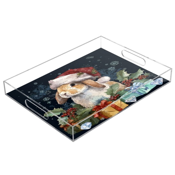 Acrylic Tray 15.7*11.8*1.9 Inch Transparent Tray Food Tray Tea Cup Tray Serving Trays Cosmetics Storage Kitchen Table Bathroom Sundry Storage Warm Christmas Orange Rabbit