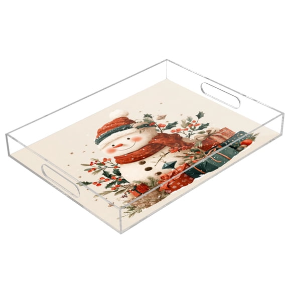 Acrylic Tray 15.7*11.8*1.9 Inch Transparent Tray Food Tray Tea Cup Tray Serving Trays Cosmetics Storage Kitchen Table Bathroom Sundry Storage Warm Christmas Snow Man