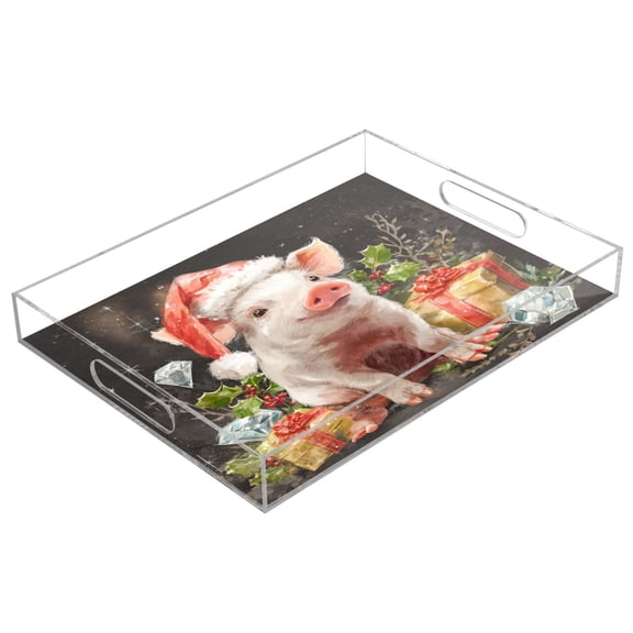 Acrylic Tray 15.7*11.8*1.9 Inch Transparent Tray Food Tray Tea Cup Tray Serving Trays Cosmetics Storage Kitchen Table Bathroom Sundry Storage Warm Christmas Pig