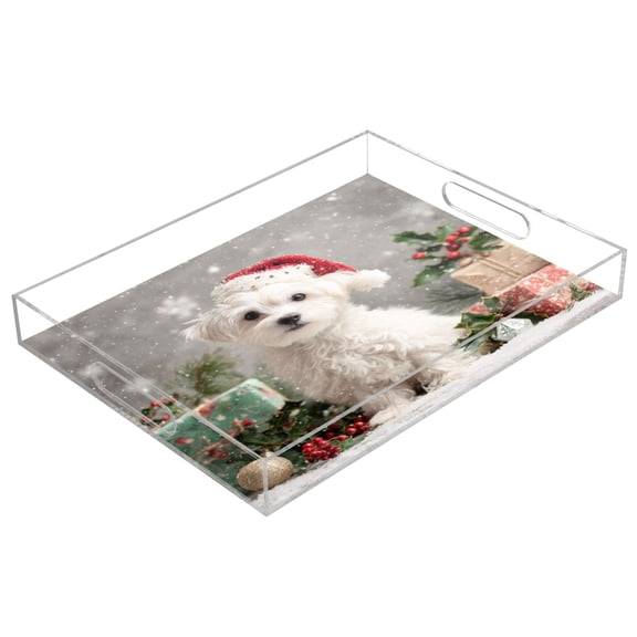 Acrylic Tray 15.7*11.8*1.9 Inch Transparent Tray Food Tray Tea Cup Tray Serving Trays Cosmetics Storage Kitchen Table Bathroom Sundry Storage Warm Christmas White Dog