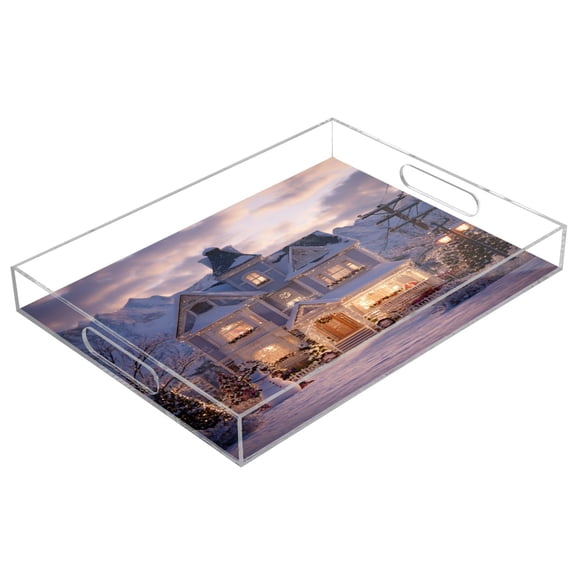 Acrylic Tray 15.7*11.8*1.9 Inch Transparent Tray Food Tray Tea Cup Tray Serving Trays Cosmetics Storage Kitchen Table Bathroom Sundry Storage Warm Christmas House