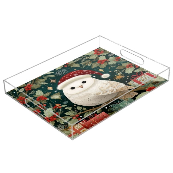 Acrylic Tray 15.7*11.8*1.9 Inch Transparent Tray Food Tray Tea Cup Tray Serving Trays Cosmetics Storage Kitchen Table Bathroom Sundry Storage Warm Christmas Owl