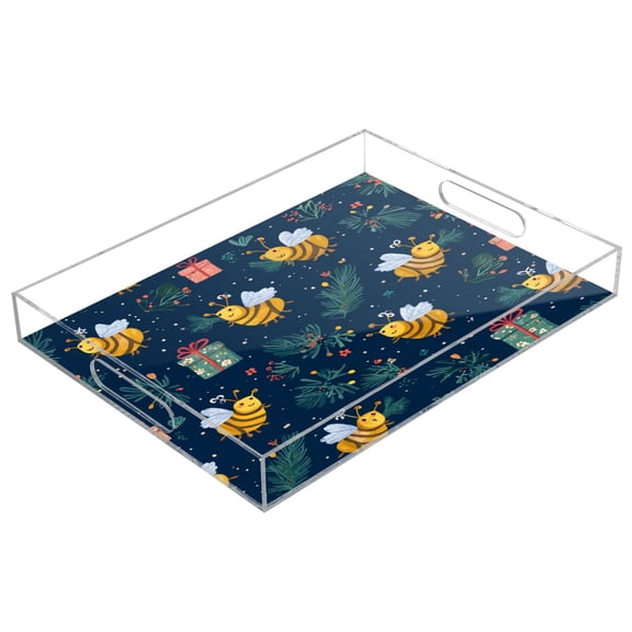 Acrylic Tray 15.7*11.8*1.9 Inch Transparent Tray Food Tray Tea Cup Tray Serving Trays Cosmetics Storage Kitchen Table Bathroom Sundry Storage Warm Christmas Bees