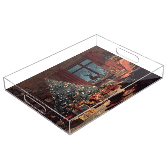 Acrylic Tray 15.7*11.8*1.9 Inch Transparent Tray Food Tray Tea Cup Tray Serving Trays Cosmetics Storage Kitchen Table Bathroom Sundry Storage Warm Christmas Room