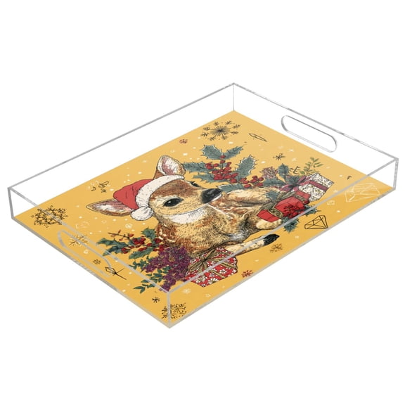 Acrylic Tray 15.7*11.8*1.9 Inch Transparent Tray Food Tray Tea Cup Tray Serving Trays Cosmetics Storage Kitchen Table Bathroom Sundry Storage Warm Christmas Cute Deer
