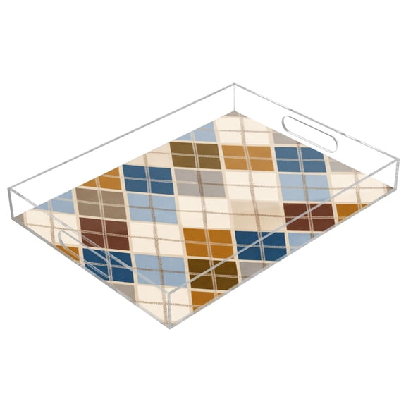 Acrylic Tray 15.7*11.8*1.9 Inch Transparent Tray Food Tray Tea Cup Tray Serving Trays Cosmetics Storage Kitchen Table Bathroom Sundry Storage Warm Diamond Checkered Design