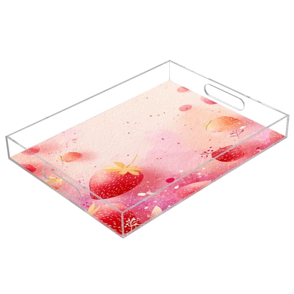 Acrylic Tray 15.7*11.8*1.9 Inch Transparent Tray Food Tray Tea Cup Tray Serving Trays Cosmetics Storage Kitchen Table Bathroom Sundry Storage Watercolor Strawberry Background
