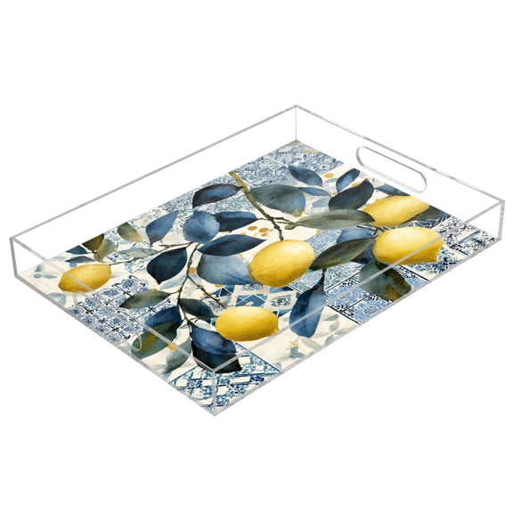 Acrylic Tray 15.7*11.8*1.9 Inch Transparent Tray Food Tray Tea Cup Tray Serving Trays Cosmetics Storage Kitchen Table Bathroom Sundry Storage Watercolor Lemon Branches