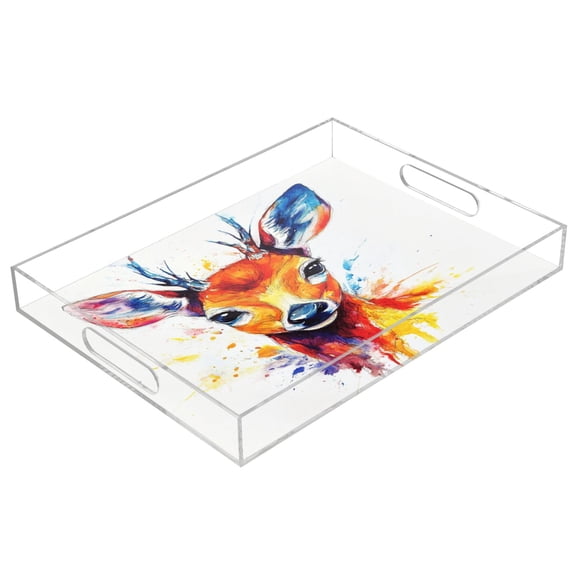 Acrylic Tray 15.7*11.8*1.9 Inch Transparent Tray Food Tray Tea Cup Tray Serving Trays Cosmetics Storage Kitchen Table Bathroom Sundry Storage Watercolor Cartoon Deer