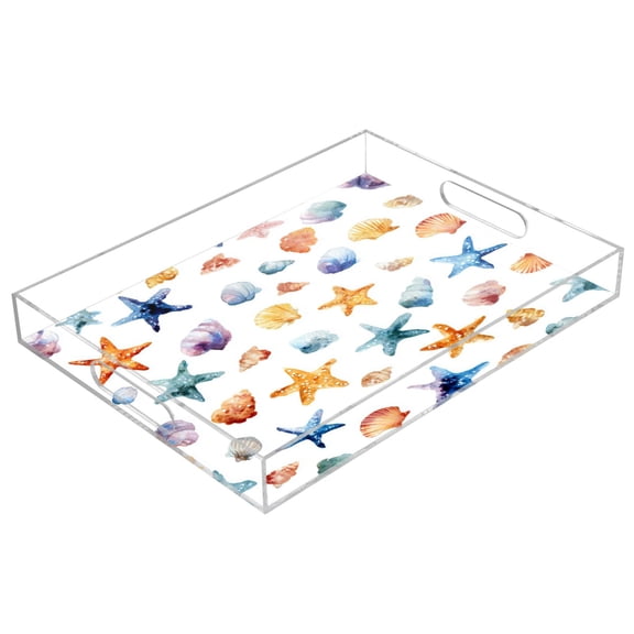 Acrylic Tray 15.7*11.8*1.9 Inch Transparent Tray Food Tray Tea Cup Tray Serving Trays Cosmetics Storage Kitchen Table Bathroom Sundry Storage Watercolor Sea Stars Shells