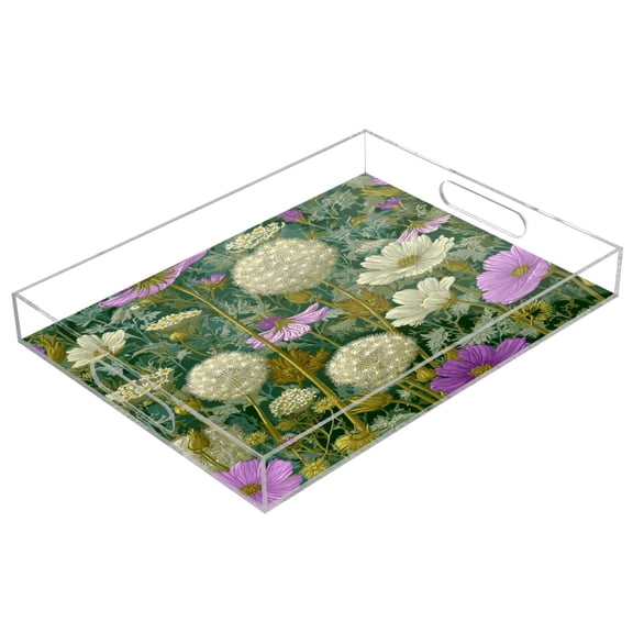 Acrylic Tray 15.7*11.8*1.9 Inch Transparent Tray Food Tray Tea Cup Tray Serving Trays Cosmetics Storage Kitchen Table Bathroom Sundry Storage Whimsical Meadow Dandelion