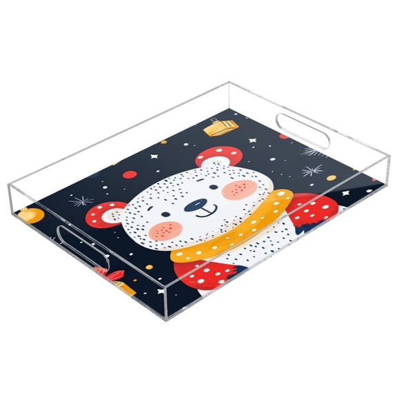 Acrylic Tray 15.7*11.8*1.9 Inch Transparent Tray Food Tray Tea Cup Tray Serving Trays Cosmetics Storage Kitchen Table Bathroom Sundry Storage White Christmas Bear