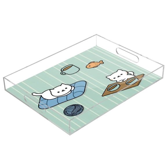 Acrylic Tray 15.7*11.8*1.9 Inch Transparent Tray Food Tray Tea Cup Tray Serving Trays Cosmetics Storage Kitchen Table Bathroom Sundry Storage White Cats