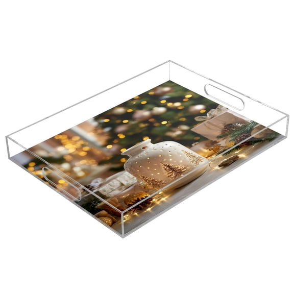 Acrylic Tray 15.7*11.8*1.9 Inch Transparent Tray Food Tray Tea Cup Tray Serving Trays Cosmetics Storage Kitchen Table Bathroom Sundry Storage White Christmas Ornaments