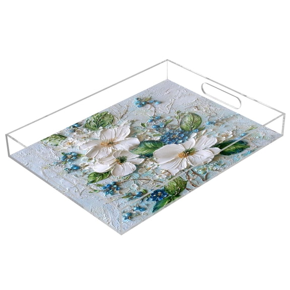 Acrylic Tray 15.7*11.8*1.9 Inch Transparent Tray Food Tray Tea Cup Tray Serving Trays Cosmetics Storage Kitchen Table Bathroom Sundry Storage White Flowers