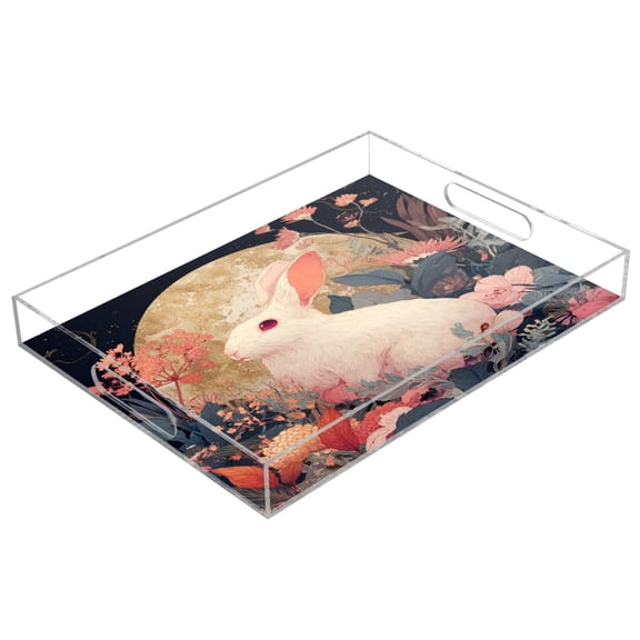 Acrylic Tray 15.7*11.8*1.9 Inch Transparent Tray Food Tray Tea Cup Tray Serving Trays Cosmetics Storage Kitchen Table Bathroom Sundry Storage A White Rabbit