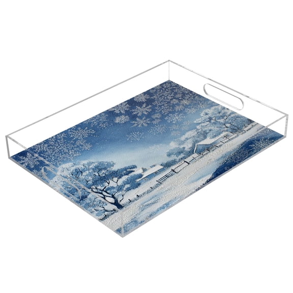 Acrylic Tray 15.7*11.8*1.9 Inch Transparent Tray Food Tray Tea Cup Tray Serving Trays Cosmetics Storage Kitchen Table Bathroom Sundry Storage Winter Scene