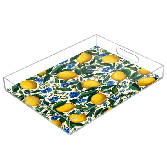 Acrylic Tray 15.7*11.8*1.9 Inch Transparent Tray Food Tray Tea Cup Tray Serving Trays Cosmetics Storage Kitchen Table Bathroom Sundry Storage Yellow Lemon Cute