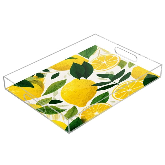 Acrylic Tray 15.7*11.8*1.9 Inch Transparent Tray Food Tray Tea Cup Tray Serving Trays Cosmetics Storage Kitchen Table Bathroom Sundry Storage Yellow Lemon Pattern