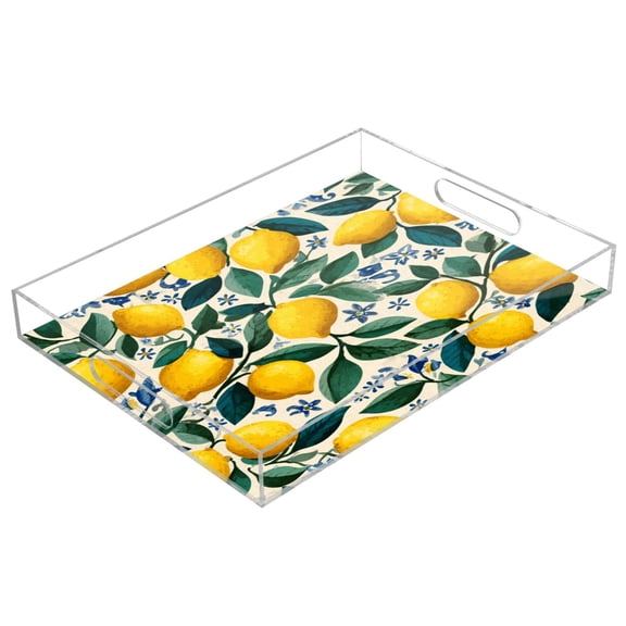 Acrylic Tray 15.7*11.8*1.9 Inch Transparent Tray Food Tray Tea Cup Tray Serving Trays Cosmetics Storage Kitchen Table Bathroom Sundry Storage Yellow Lemon Seamless