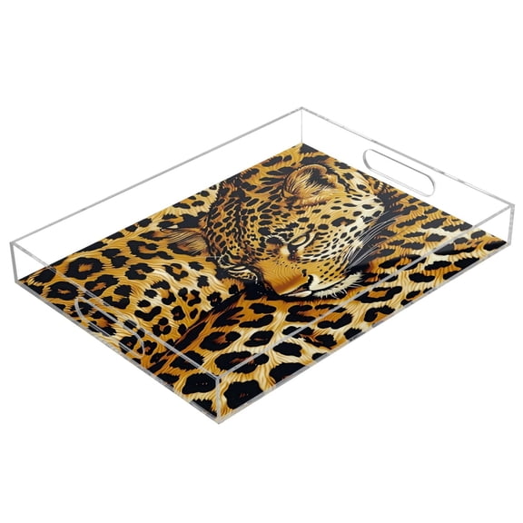 Acrylic Tray 15.7*11.8*1.9 Inch Transparent Tray Food Tray Tea Cup Tray Serving Trays Cosmetics Storage Kitchen Table Bathroom Sundry Storage Yellow Leopard