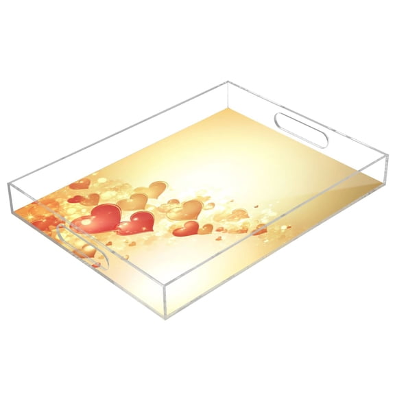 Acrylic Tray 15.7*11.8*1.9 Inch Transparent Tray Food Tray Tea Cup Tray Serving Trays Cosmetics Storage Kitchen Table Bathroom Sundry Storage Yellow Cute Heart Pattern