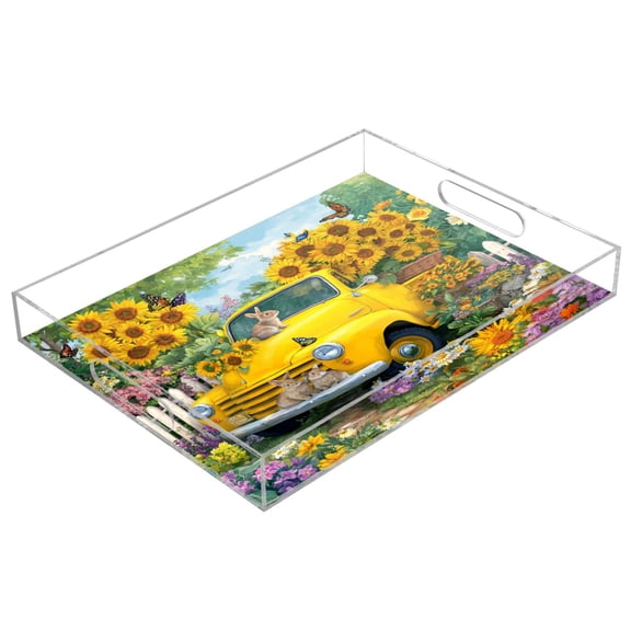 Acrylic Tray 15.7*11.8*1.9 Inch Transparent Tray Food Tray Tea Cup Tray Serving Trays Cosmetics Storage Kitchen Table Bathroom Sundry Storage Yellow Truck Sunflowers