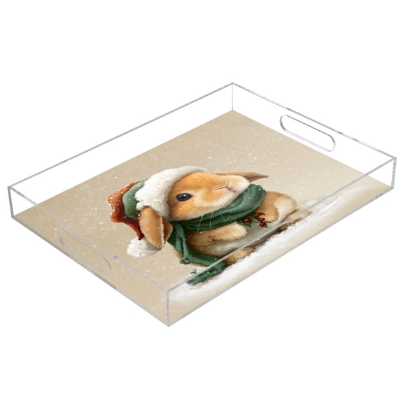 Acrylic Tray 15.7*11.8*1.9 Inch Transparent Tray Food Tray Tea Cup Tray Serving Trays Cosmetics Storage Kitchen Table Bathroom Sundry Storage Yellow Christmas Rabbit