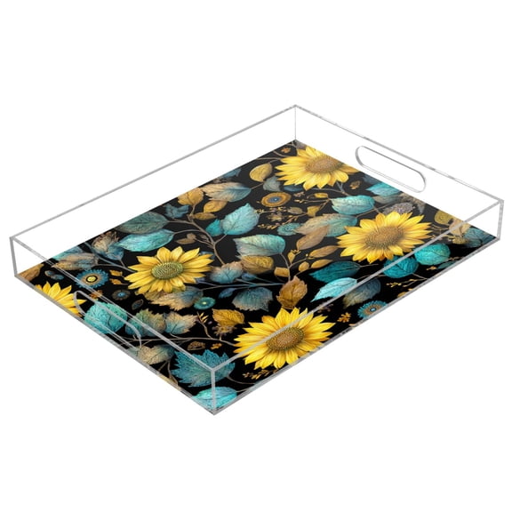 Acrylic Tray 15.7*11.8*1.9 Inch Transparent Tray Food Tray Tea Cup Tray Serving Trays Cosmetics Storage Kitchen Table Bathroom Sundry Storage Yellow Sage Leaf Pattern