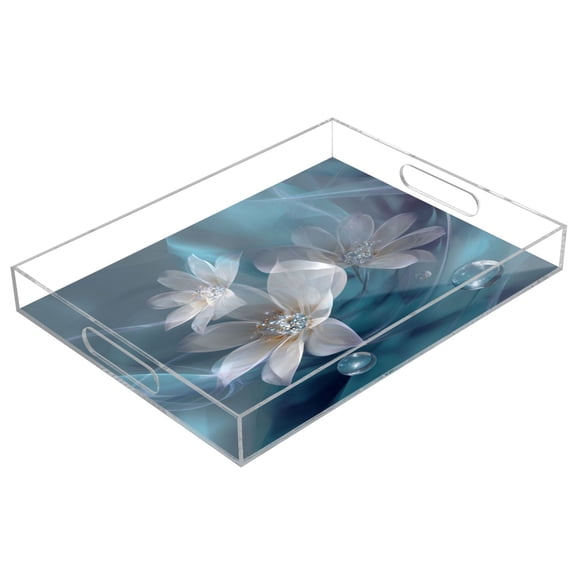 Acrylic Tray Clear Serving Tray Rectangle Decorative Tray with Cut Handle Abstract Art Flower
