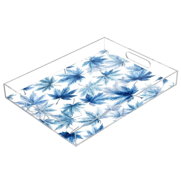 Acrylic Tray Clear Serving Tray Rectangle Decorative Tray with Cut Handle Abstract Blue Maple Leaves