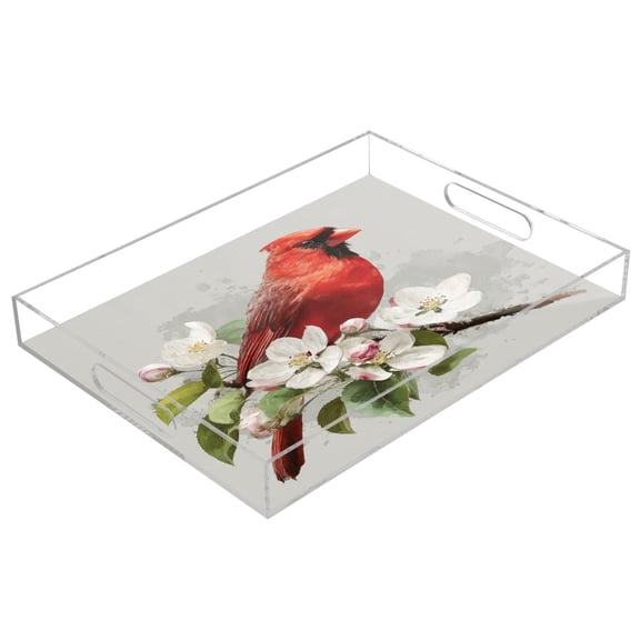 Acrylic Tray Clear Serving Tray Rectangle Decorative Tray with Cut Handle Beautiful Red Bird