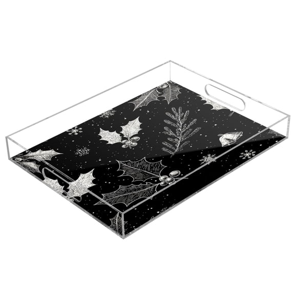 Acrylic Tray Clear Serving Tray Rectangle Decorative Tray with Cut Handle Black Holly Leaves