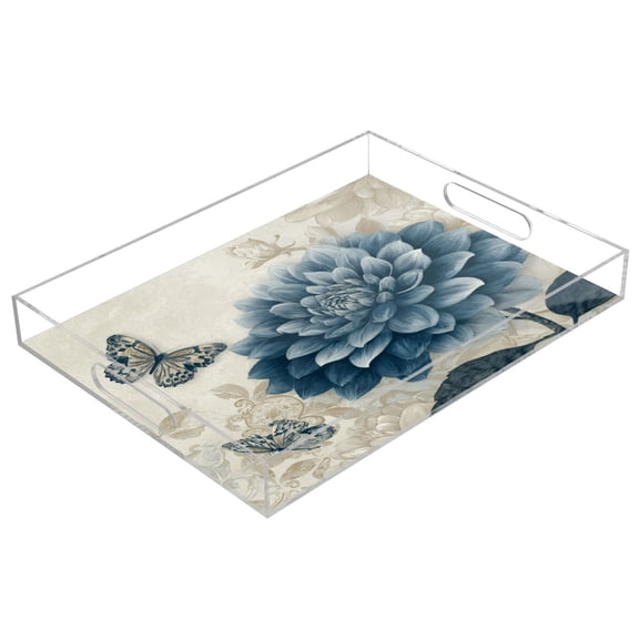 Acrylic Tray Clear Serving Tray Rectangle Decorative Tray with Cut Handle Blue Flower with Butterflies