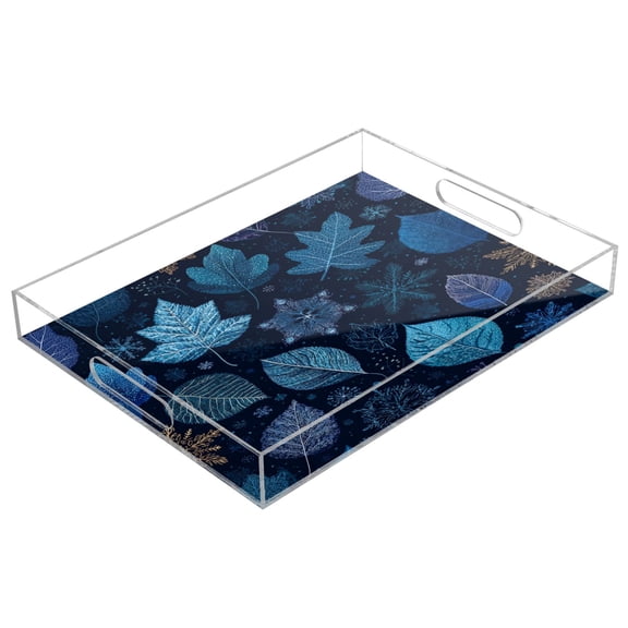 Acrylic Tray Clear Serving Tray Rectangle Decorative Tray with Cut Handle Blue Leaves and Snowflakes