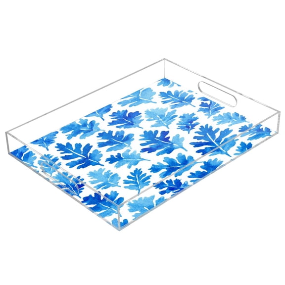 Acrylic Tray Clear Serving Tray Rectangle Decorative Tray with Cut Handle Blue Oak Leaf Pattern